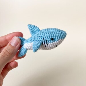 May include: A small crocheted blue shark toy with white accents and black eyes.