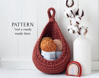 Drop Basket Crochet Pattern, T-Shirt Yarn Hanging Basket Instruction for Beginner, Modern Cozy Home Décor, Plant Hanger Easy DIY