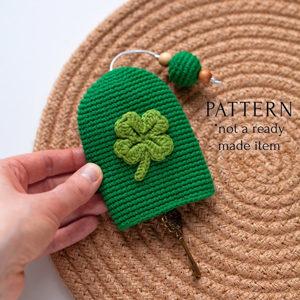 Shamrock Key Cover Crochet Pattern, St. Patricks Day Gift Tutorial DIY, Four Leaf Clover Lucky Charm Key Case