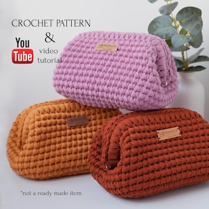 Pochette en fil de t-shirt au crochet, trousse de maquillage pour femme, tutoriel PDF et vidéo pour débutants, grosse pochette