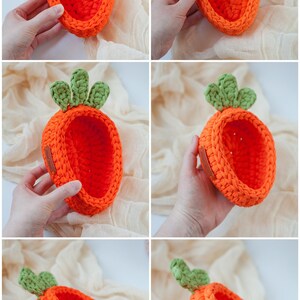 May include: A crocheted carrot-shaped basket with green leaves on top. The basket is orange and has a brown leather tag that says "Hand Made".