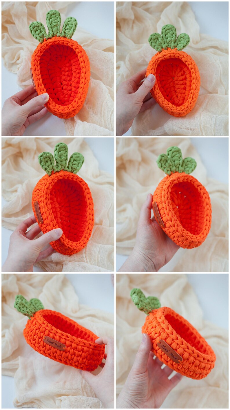 May include: A crocheted carrot-shaped basket with green leaves on top. The basket is orange and has a brown leather tag that says "Hand Made".
