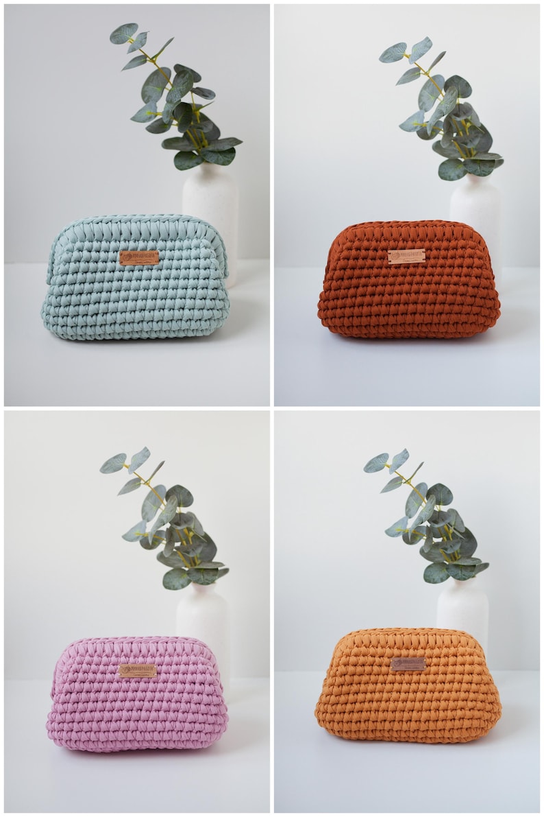 T-Shirt Yarn Clutch Bag Crochet Pattern, Makeup Cosmetic Woman Bag, PDF & Video Tutorial for Beginners, Covered Frame Chunky Pouch Bag image 5