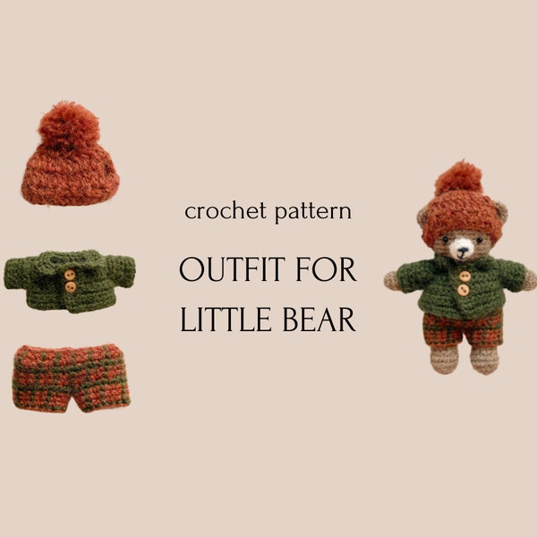 crochet pattern outfit for little bear, amigurumi tutorial in PDF plus video, easy to follow pattern, cute bear DIY birthday, Christmas gift