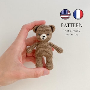 Mini teddy bear crochet toy pattern, amigurumi crochet plush bear pattern, crochet tutorial, toys for dolls, cute bear toy, English, French