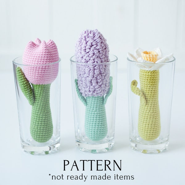 Baby rattle crochet pattern 3 in 1 bundle: tulip narcissus hyacinth spring flowers crochet instruction set, amigurumi plant toys diy