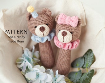 Bear Soft Rattle Crochet PDF Pattern, New Baby Gift, Twins First Toy DIY, Easy Newborn Toy English Tutorial for Beginners