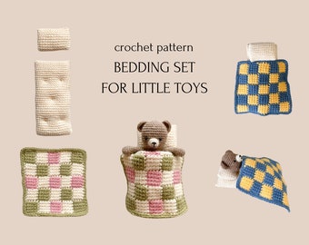 bedding set for little toys crochet pattern in English, easy no-sew blanket, amigurumi tutorial, crochet toy blanket, amigurumi pattern