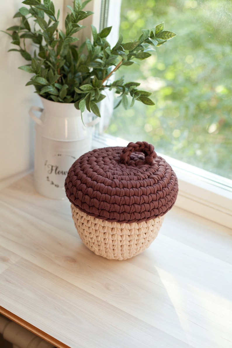 Acorn Basket Crochet Pattern, T-Shirt Yarn Basket Instruction, Autumn Fall Cozy Home Décor, Halloween Thanksgiving Decoration Hugge Mood DIY image 5