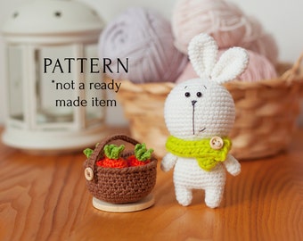 Bunny with Carrot Basket Crochet Pattern, Easter Gift DIY Tutorial for Beginners, Easy PDF Instruction, White Rabbit Animal Amigurumi
