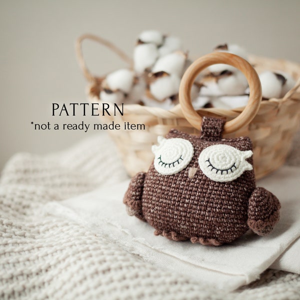 Owl Baby Rattle Crochet Pattern, Woodland Forest Bird, Gift for Baby DIY, Newborn Play Gym Animal Toy, Instant Download PDF Tutorial