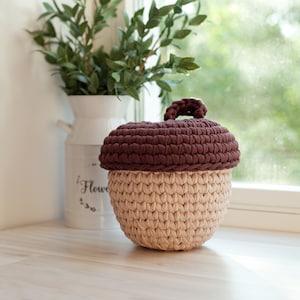 Acorn Basket Crochet Pattern, T-Shirt Yarn Basket Instruction, Autumn Fall Cozy Home Décor, Halloween Thanksgiving Decoration Hugge Mood DIY image 3