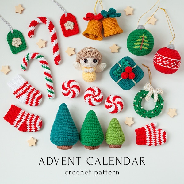 Mini Advent Calendar Crochet Pattern, 11 in 1 Christmas Bundle, Christmas Tree Ornament DIY, English Instant Download PDF for Beginner