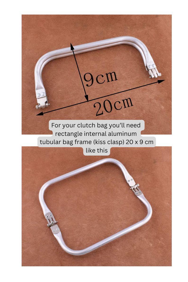 May include: Silver metal frame for a clutch bag, measuring 20 inches by 9 inches. The frame is rectangular with a kiss clasp closure.