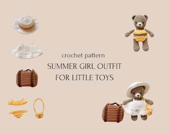 zomer meisje outfit haakpatroon in het Engels, amigurumi beer, gehaakte koffer tutorial, gehaakte kleding voor pop, amigurumi patroon