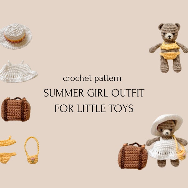 Modèle au crochet de tenue d'été pour fille en anglais, ours amigurumi, tutoriel de valise au crochet, vêtements pour poupée au crochet, modèle amigurumi