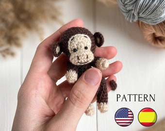 Monkey crochet toy pattern, amigurumi mini monkey pattern, crochet tutorial, toys for dolls, tiny monkey, English + Spanish (Español)