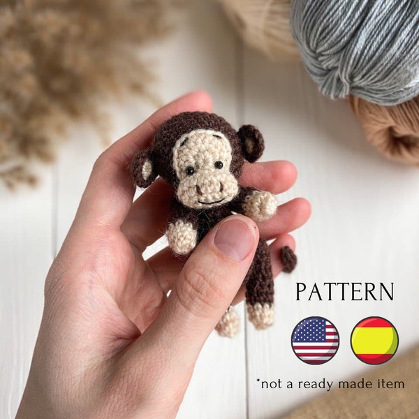 Affe Häkelanleitung, Amigurumi Mini Affe Anleitung, Häkelanleitung, Spielzeug für Puppen, kleiner Affe, Englisch + Spanisch (Español)