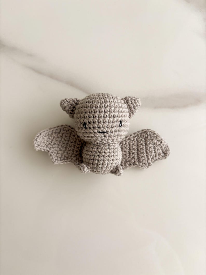 Op de afbeelding: Een kleine, lichtgrijze gehaakte vleermuis knuffel. Het handgemaakte figuurtje heeft een ronde kop met puntige oortjes, twee wijd uitgestrekte vleugels en een compact lichaam. Het heeft eenvoudige geborduurde details met zwarte draad.