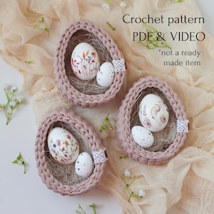 Mini cestino per uova di Pasqua in filato per maglietta modello all'uncinetto, tutorial PDF e video fai da te, portabicchieri accogliente per uova facile, decorazioni per la tavola di Pasqua primaverile