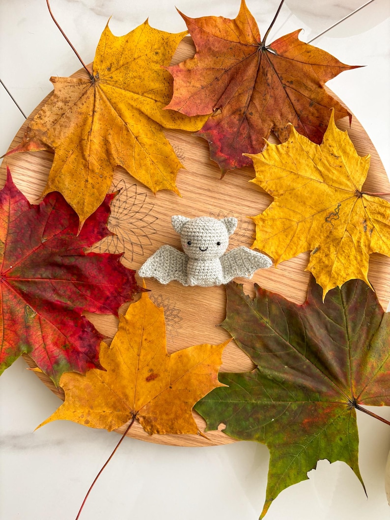 Op de afbeelding: Een kleine, lichtgrijze gehaakte vleermuis knuffel met zwarte geborduurde ogen en een eenvoudige glimlach, geplaatst in het midden van een ronde houten plank omringd door een cirkelvormige opstelling van herfstachtige esdoornbladeren in rood, oranje en geel.