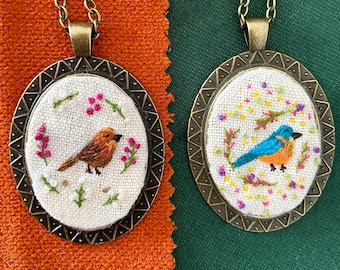 Bird Necklace, Hand embroidered pendant, bird pendant