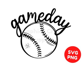 May include: Black and white illustration of a baseball with the word "gameday" written in a cursive font above it.