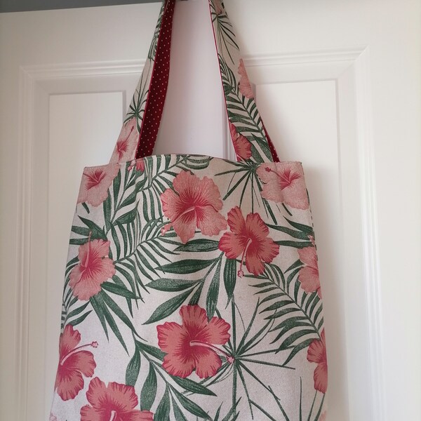 Selbstgenähte Wendetasche "Hibiskus", Einkaufsbeutel, Tragetasche, Blumen, nachhaltig