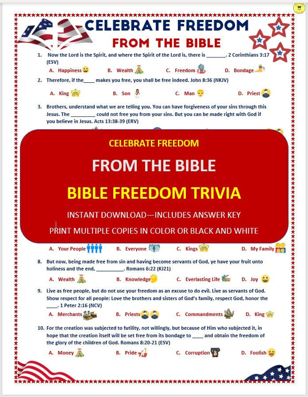 Freedom Bible Trivia Game Printable celebrate Freedom From - Etsy