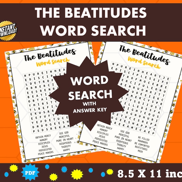 Beatitudes Word Search |Bible Beatitudes Game Printable | Sunday School Games| Bible Study Games |Instant Download |