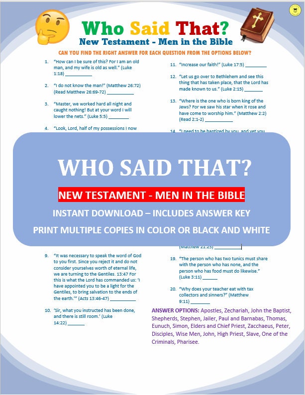 Who Said That New Testament Men in the Bible Game Printable Who Said