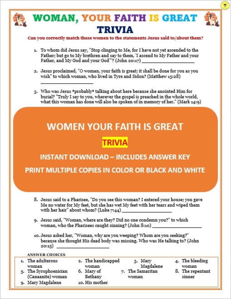 Women in the Bible Trivia Game Printable Women Your Faith is Great ...