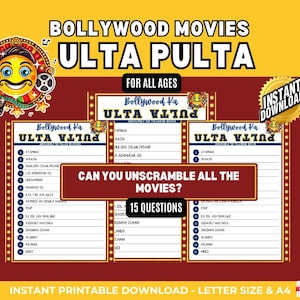 Jogo de Scramble de Filmes de Bollywood | Filmes de Bollwood Ulta Pulta | Jogo de Festa Indiano | Filmes de Emoji de Bollywood | Download Instantâneo | Noite de Festa Desi