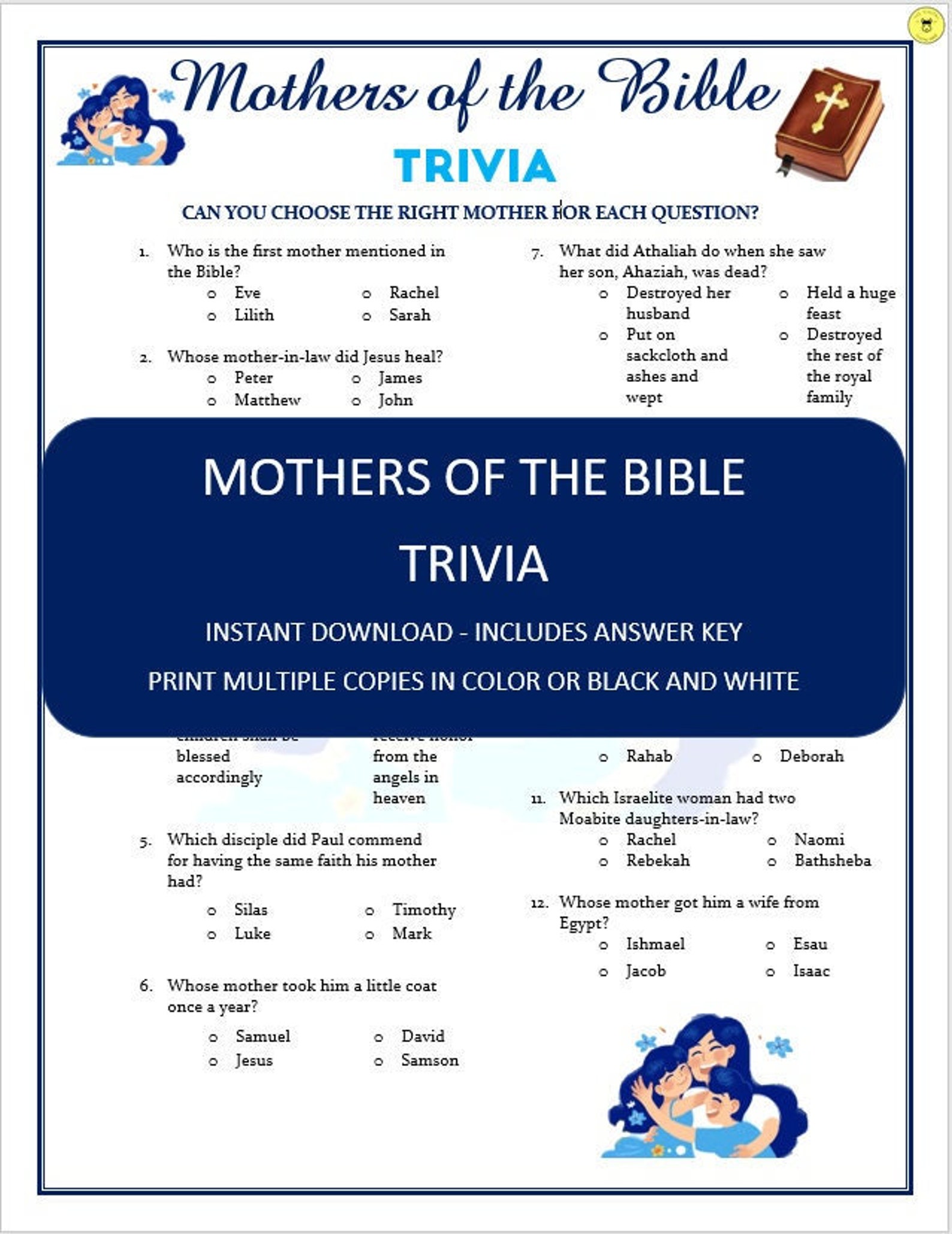 Mothers of the Bible Trivia Game Printable Mothers of the - Etsy
