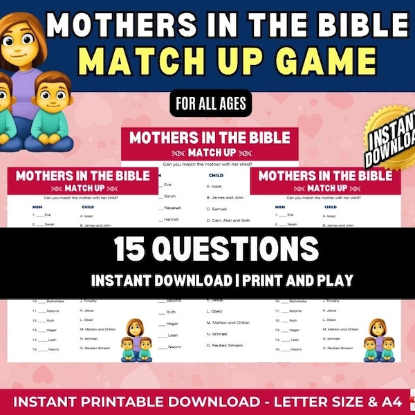 Bible Mothers Match Up Game| Bible Moms and their Children l Mothers Day| Sunday School Games for Kids | Instant Download