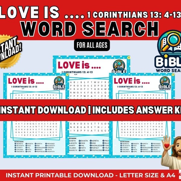 Bible Word Search | Love is 1 Corinthians 13:4-13 Game Printable | Bible Word Search |Church and Bible Study Activity| Instant Download