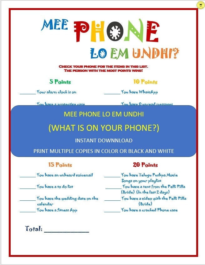 What is on Your Phone Mee Phone Lo Em Undhi Instant Download| Indian Bridal Shower Game Desi Wedding Game Bridal Shower Game What is on Your Phone Mee Phone Lo Em Undhi Instant Download| Indian Bridal Shower Game Desi Wedding Game Bridal Shower Game