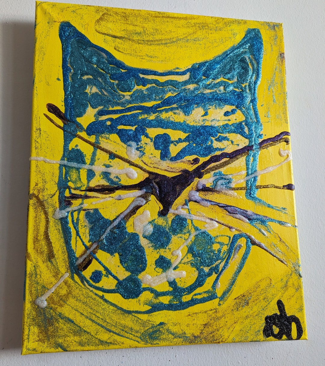 Visual Reference: Custom Hand Painted Acrylic Painting Kitty On Yellow