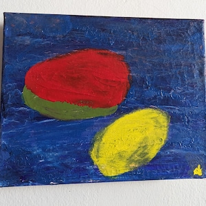 May include: Abstract painting on canvas featuring a deep blue background. Two oval shapes are depicted: a red form atop a green one, and a yellow form below. The artwork is signed in the lower right corner.