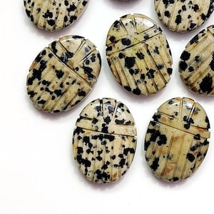 Dalmatian Jasper Scarab Shape Gemstone, Loose Insect Carved Gemstone, Natural Jasper Beetle Face Carving, Egyptian Scarab Jewelry 20mm, SALE