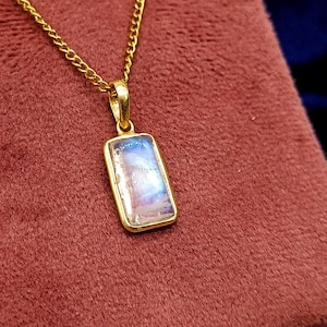 Rainbow Moonstone Necklace, 14K Solid Gold Blue Moonstone Pendant, Genuine Rectangle Gemstone Necklace, June Birthstone, Christmas Gift SALE