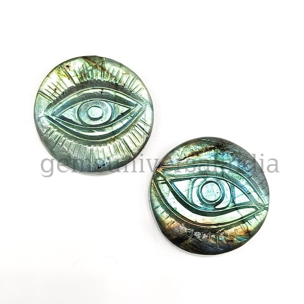 Flashy Labradorite Evil Eye Shape Gemstone, Carved Labradorite Charm, Labradorite Eye Shape Gemstone, Round Evil Eye Carving Gemstone, 25MM