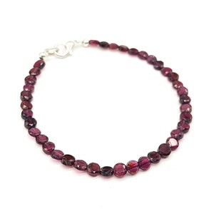 Mozambique Garnet Beaded Bracelet, Natural Red Garnet Faceted Coin Beads Bracelet, Garnet Gemstone Bracelet, Sterling Silver Bracelet Gift