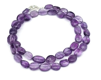 AAA Purple Amethyst Beaded Necklace, Natural Amethyst Oval Beads Necklace, Gemstone Bead Necklace for Women, Handmade Necklace, Gift for Her