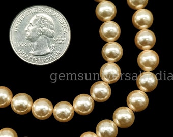 Extremely Rare Golden South Sea Pearl Beads, Genuine Gold South Sea Pearl Round Beads, Pearl Beads for Jewelry, Smooth Round Pearls, 8-9MM