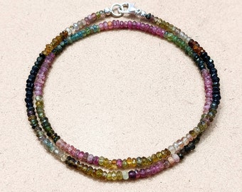 Watermelon Tourmaline Faceted Rondelle Beads Necklace, Tourmaline Beaded Necklace, Gemstone Bead Necklace, Dainty Necklace Gift for Her
