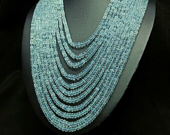 AAA+ Aquamarine Faceted Rondelle Beads Necklace, 10 Strand Natural Aquamarine Necklace, Aquamarine Beaded Necklace for Women, Gift for Her
