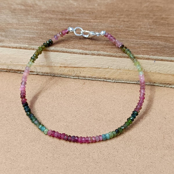 Watermelon Tourmaline Faceted Rondelle Beads Bracelet, Multi Tourmaline Dainty Bracelet, Natural Tourmaline Beaded Bracelet Gift