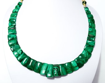 Natural Malachite Fancy Beads Necklace, AAA Malachite Beaded Necklace, Carved Malachite Jewelry, Statement Necklace Anniversary Gift for Her