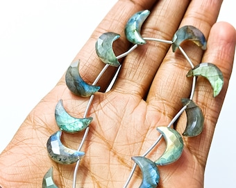 AAA Flashy Labradorite Crescent Moon Beads, 13pcs Natural Labradorite Moon Shape Gemstone, Hand Carved Moon Beads, Labradorite Carved Moon